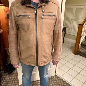 Andrew Marc Tan Bomber Jacket with Faux Fur Collar